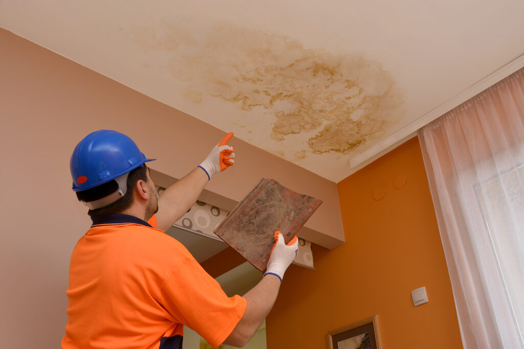 Water Leak from the Roof Water leaking from a damaged roof, dripping onto the ceiling and leaving visible stains.